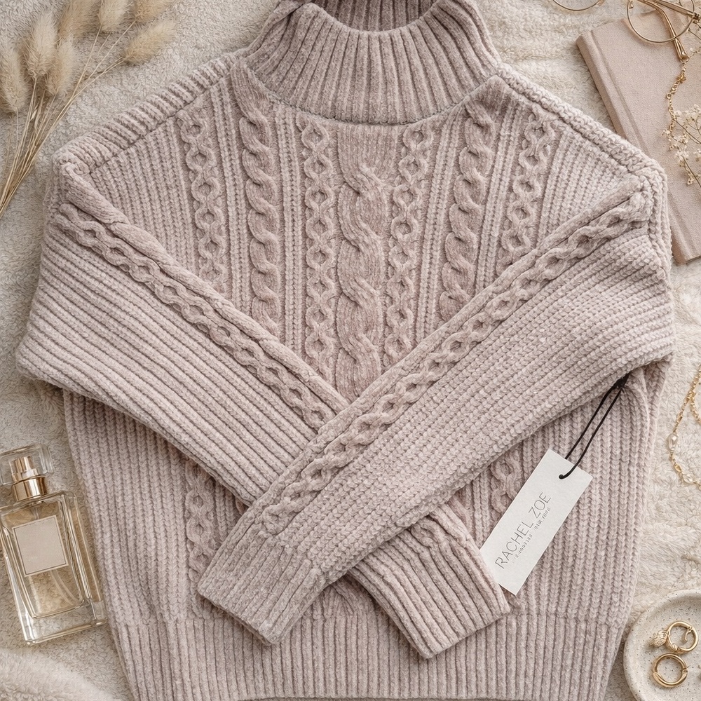 Rachel Zoe Pale Taupe Cable Knit Turtleneck Sweater